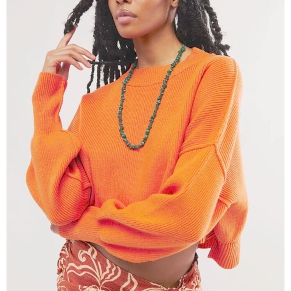 FREE PEOPLE BRIGHT MARIGOLD EASY STREET CROP PULLOVER SWEATER SZ L